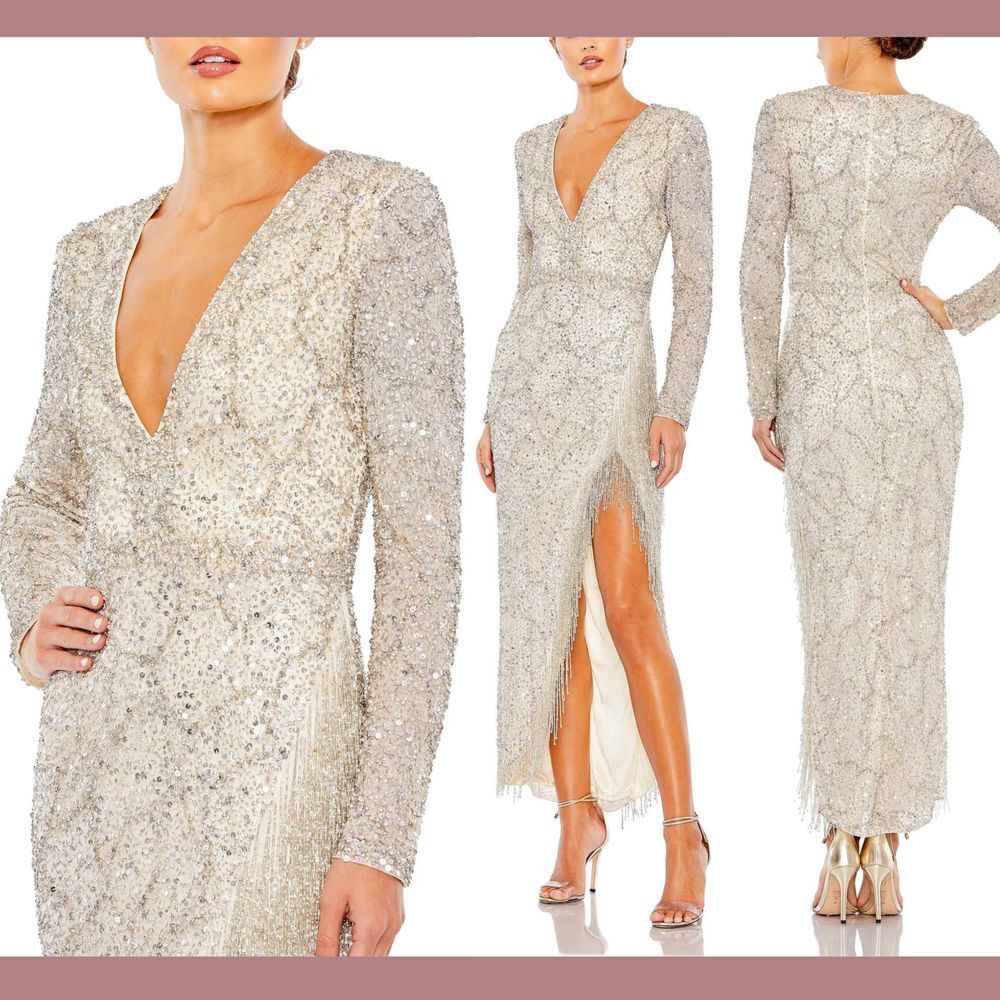 NWT Mac Duggal [ 16 ] 5741 Embellished Long Sleeve‎ V Neck Beaded Hem Gown Nude